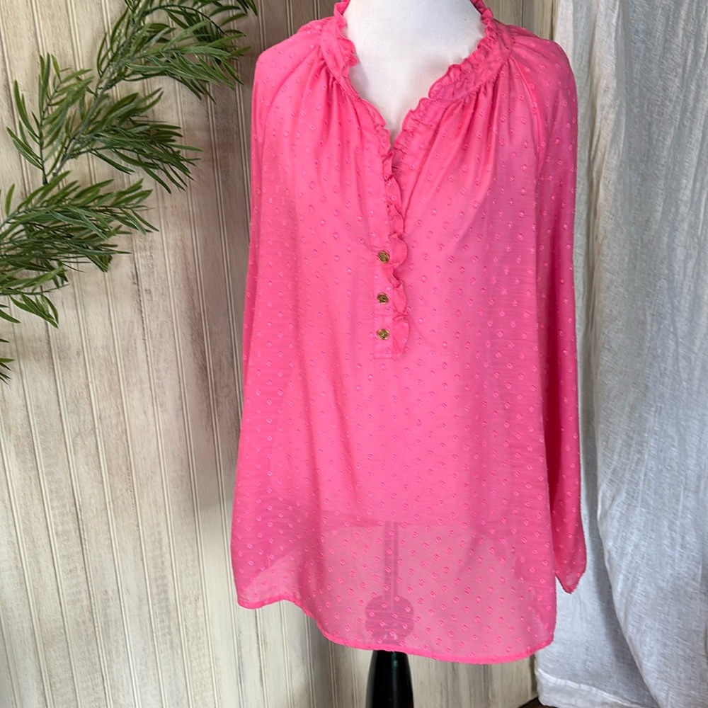 Lilly Pulitzer Flamingo Pink Blouse, Long puff sleeves, Ruffles, size Large, EUC
